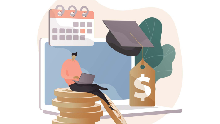 Illustration of student on laptop on a pile of coins